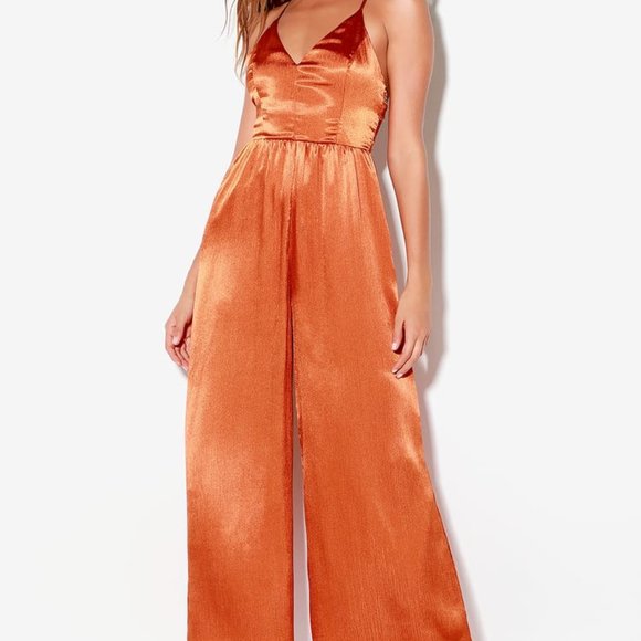 Rust Orange Satin Wide-Leg Jumpsuit - Picture 10 of 12